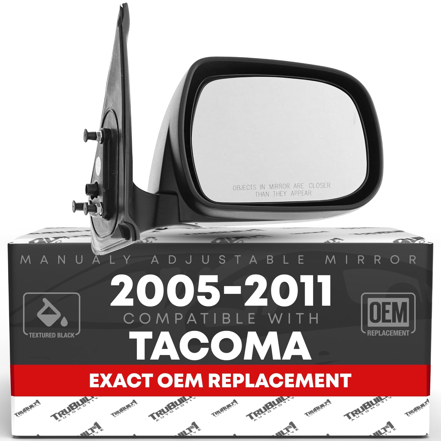 2005-2011 Toyota Tacoma Passenger Side Mirror Replacement - Manual Adjustment Manual Folding Convex Glass with English Warning Textured Black - Passenger Side Mirror