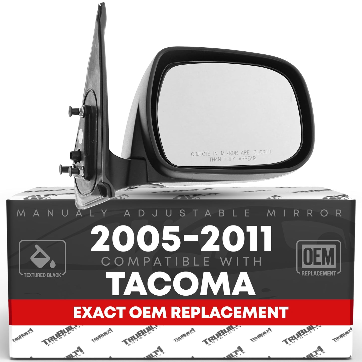 2005-2011 Toyota Tacoma Passenger Side Mirror Replacement - Manual Adjustment Manual Folding Convex Glass with English Warning Textured Black - Passenger Side Mirror