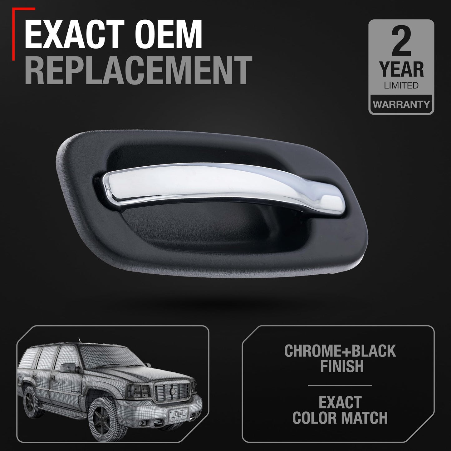 1999-2006 Chevrolet Silverado Suburban Tahoe Avalanche GMC Sierra Yukon Cadillac Escalade Exterior Rear Driver Door Handle - Chrome Black - Rear Left Door Handle