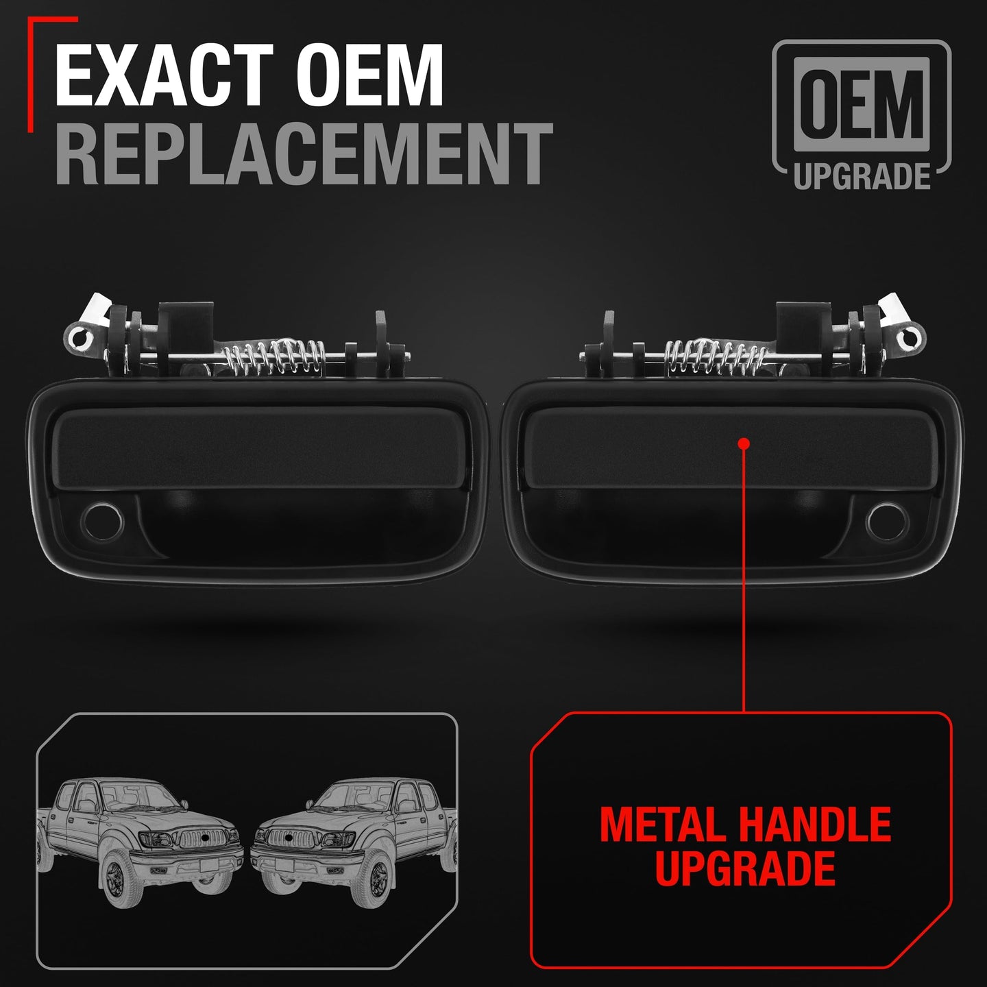 Exterior Front Driver & Passenger Door Handle Set, Upgraded Metal, Compatible with 1995-2004 Toyota Tacoma - Textured Black - 69220-35020, 69210-35020, 79345, 91318, 79344, 91319, TO1311117, TO131011 - Driver + Passenger Handle (Metal)