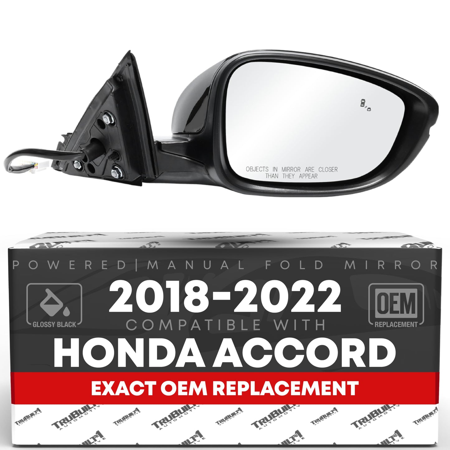 2018-2022 Honda Accord Passenger Side Mirror Replacement Powered Manual Fold Heated Turn Signal Convex Glass Smooth Black - Passenger Side Mirror