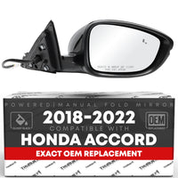 2018-2022 Honda Accord Passenger Side Mirror Replacement Powered Manual Fold Heated Turn Signal Convex Glass Smooth Black - Passenger Side Mirror