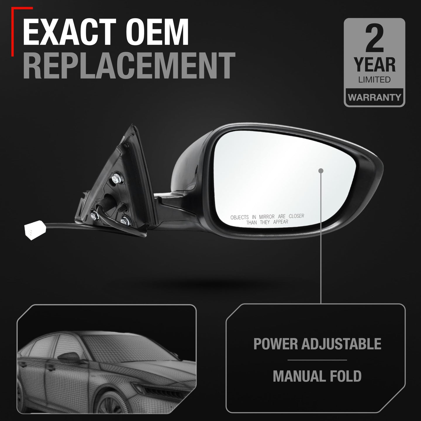 2018-2022 Honda Accord Passenger Side Mirror Replacement Powered Manual Fold Convex Glass Smooth Black - Passenger Side Mirror