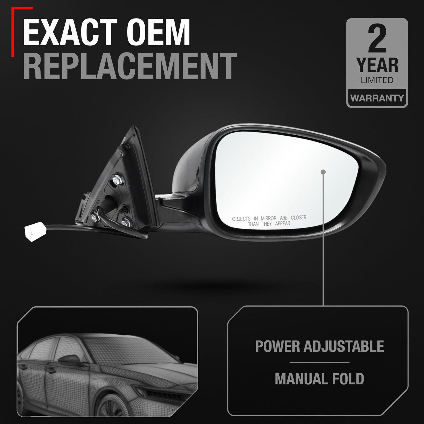 2018-2022 Honda Accord Passenger Side Mirror Replacement Powered Manual Fold Convex Glass Smooth Black - Passenger Side Mirror