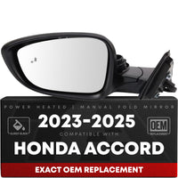 Driver Side Power Side View Mirror with Integrated Turn Signal - Compatible with 2023-2025 Honda Accord - Power Adjust, Turn Signal, Manual Folding - Paintable Textured Black - OEM 76258-30B-A01 - Driver Side Mirror