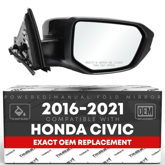 Honda Civic Side Mirror Replacement, Passenger Side - Power Adjust, Manual Fold, Convex Glass, Smooth Black Housing - Passenger Side Mirror