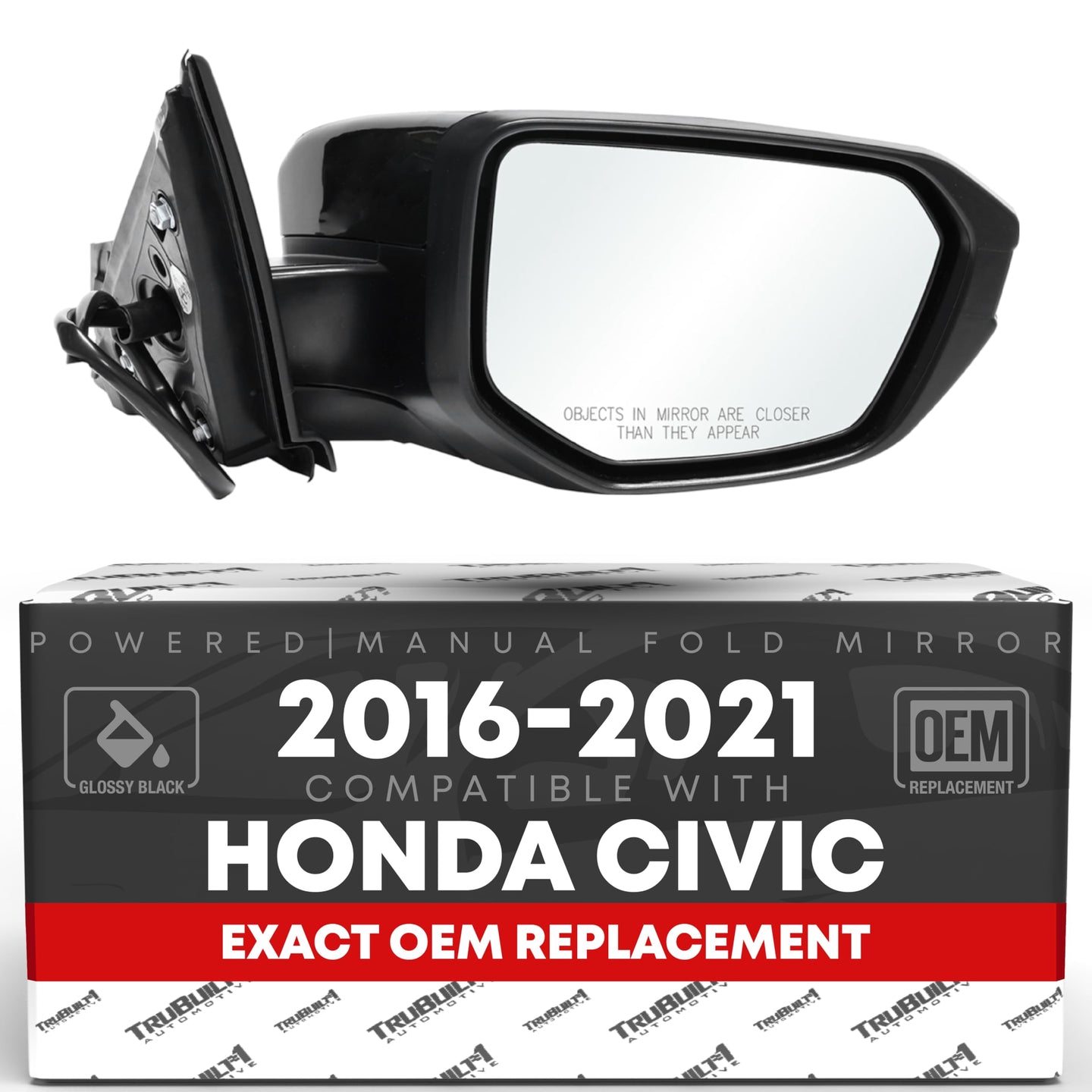 2016-2021 Honda Civic Passenger Side Mirror Replacement Powered Manual Fold Convex Glass Smooth Black - Passenger Side Mirror
