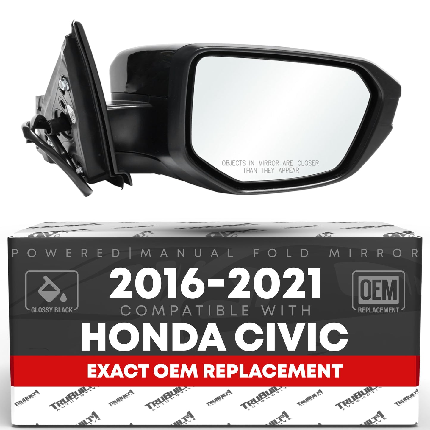 2016-2021 Honda Civic Passenger Side Mirror Replacement Powered Manual Fold Convex Glass Smooth Black - Passenger Side Mirror