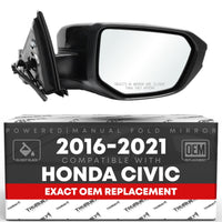 2016-2021 Honda Civic Passenger Side Mirror Replacement Powered Manual Fold Convex Glass Smooth Black - Passenger Side Mirror