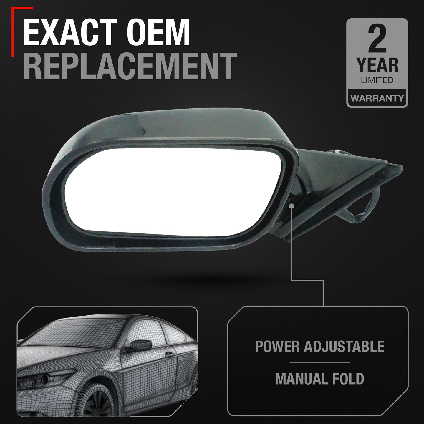 Driver Side Power Adjustable Side View Mirror - Compatible with 1998-2002 Honda Accord - Power Adjust, Non-Heated, Manual Folding - Paintable Smooth Housing - OEM 76250S84A31ZB