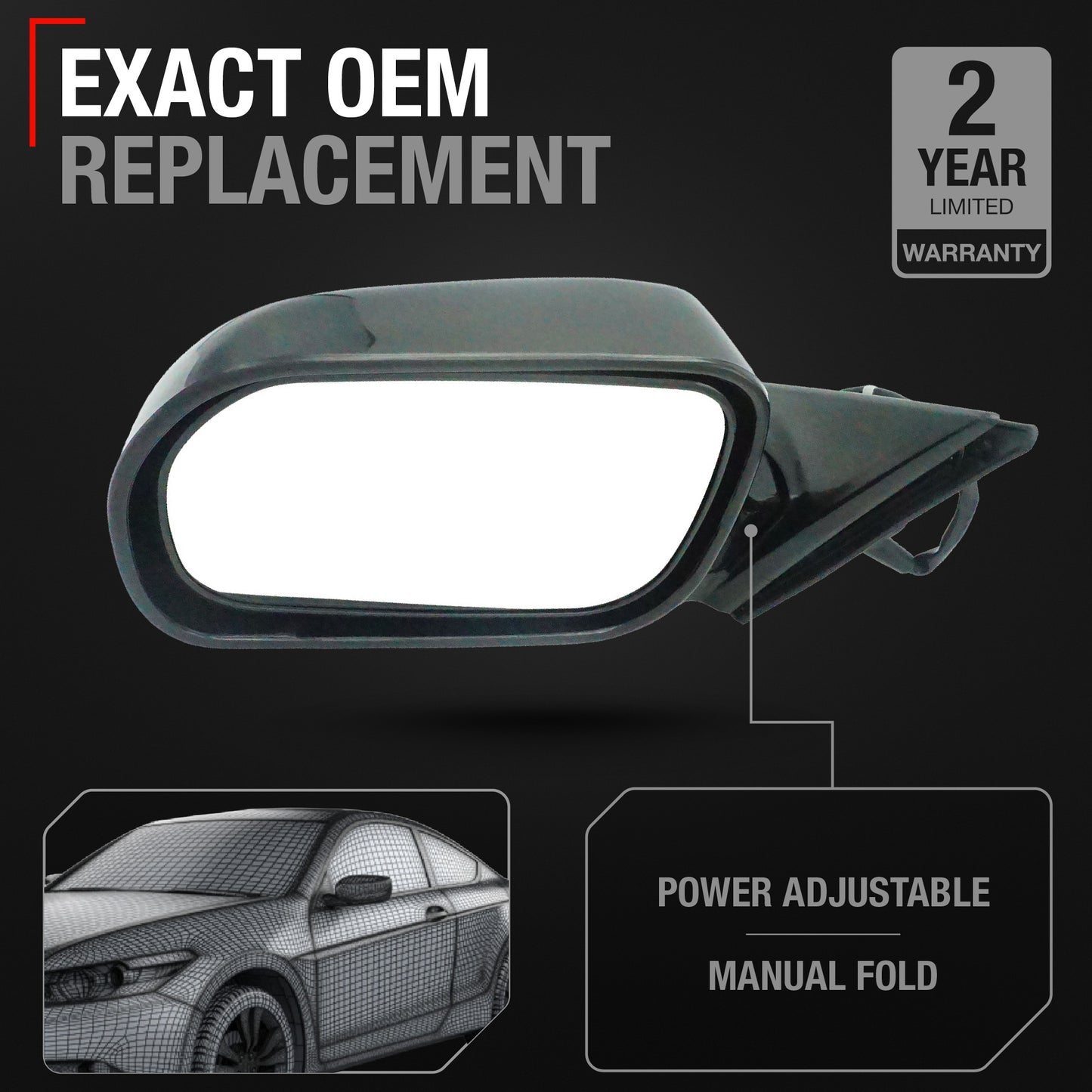 Driver Side Power Adjustable Side View Mirror - Compatible with 1998-2002 Honda Accord - Power Adjust, Non-Heated, Manual Folding - Paintable Smooth Housing - OEM 76250S84A31ZB