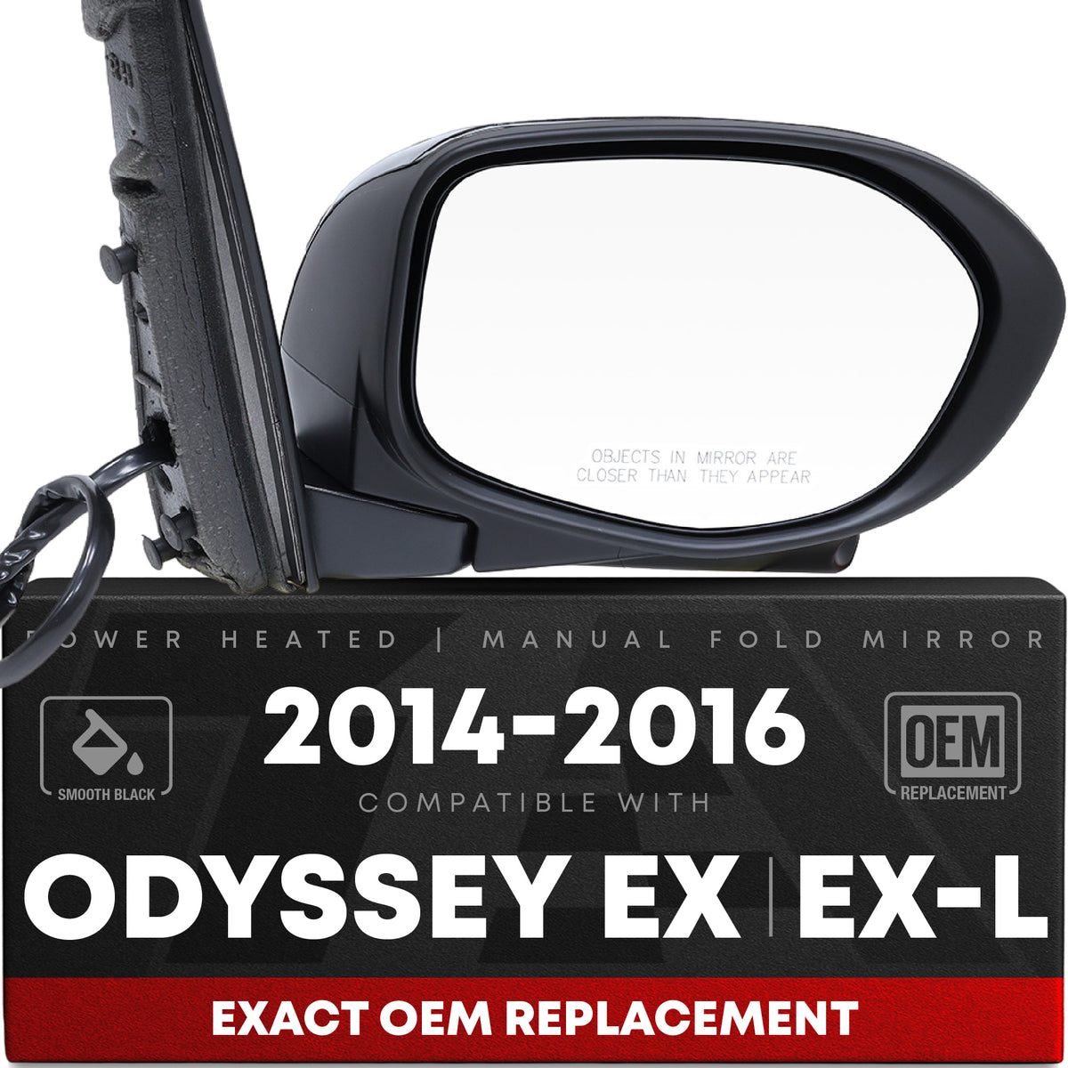 Side Mirror Replacement - Compatible with 2014-2017 Honda Odyssey EX, EX-L - Powered Adjustment, Heated - Smooth Black - Passenger Side w/ Camera - Passenger Side (Right)