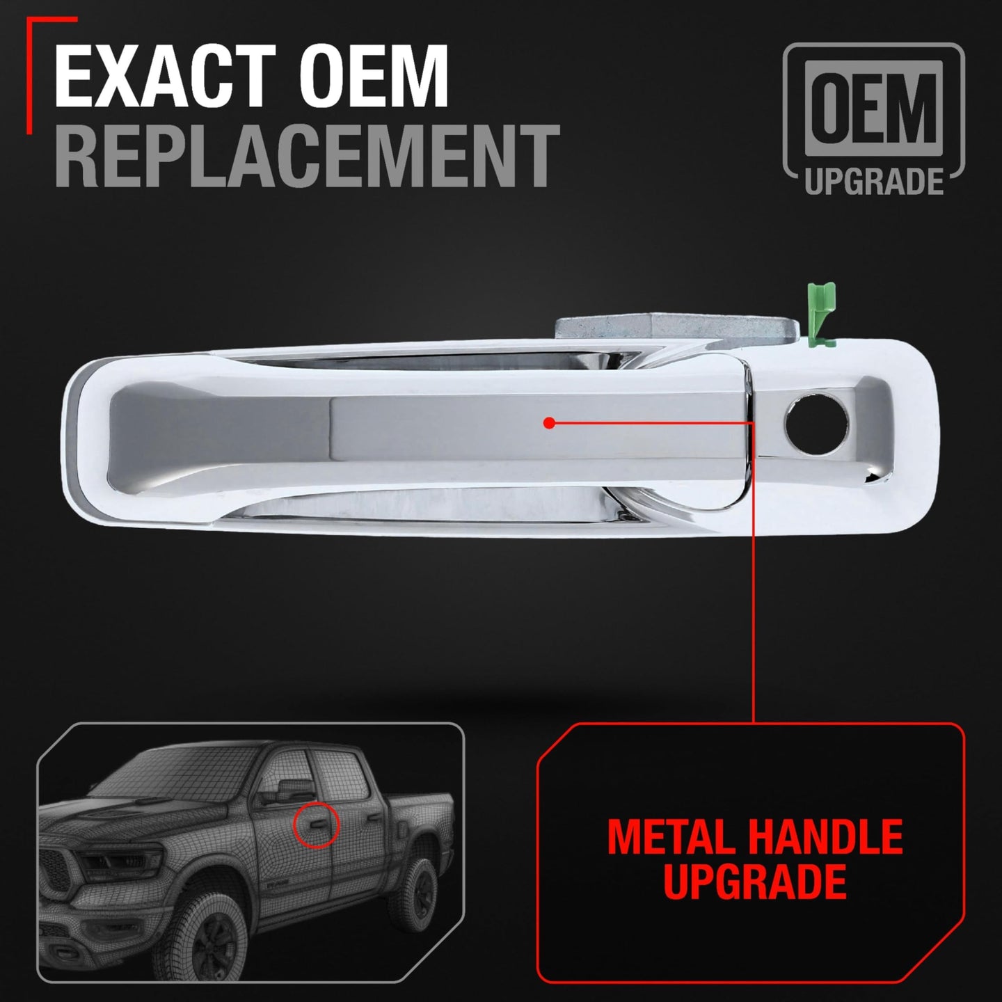 Exterior Front Driver Door Handle, Upgraded Metal - Compatible with 2011-2018 Dodge Ram 1500, 11-20 Ram 2500, 11-21 Ram 3500, Ram 4500, Ram 5500 - All Chrome w/ Keyhole - OEM 55112383AC-ACHMT, 82058 - Front Driver Side Handle