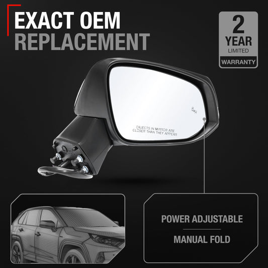 2019-2024 Toyota RAV4 Passenger Side Mirror Replacement Powered Manual Fold Heated Turn Signal Convex Glass Smooth Black - Passenger Side Mirror