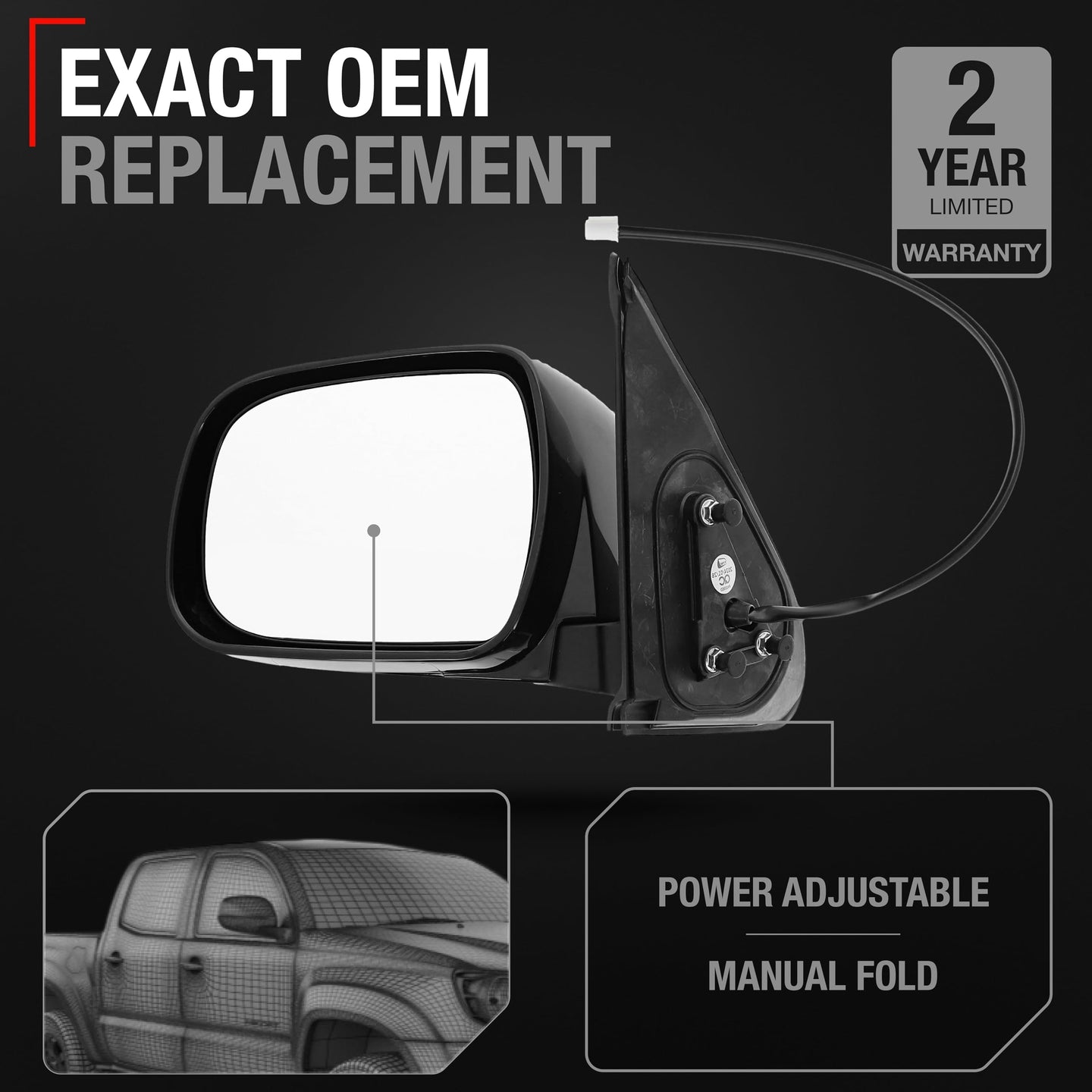 Toyota Tacoma Driver Mirror - Power Adjust, Manual Fold, Flat Glass, Smooth Black Exterior - Driver Side Mirror