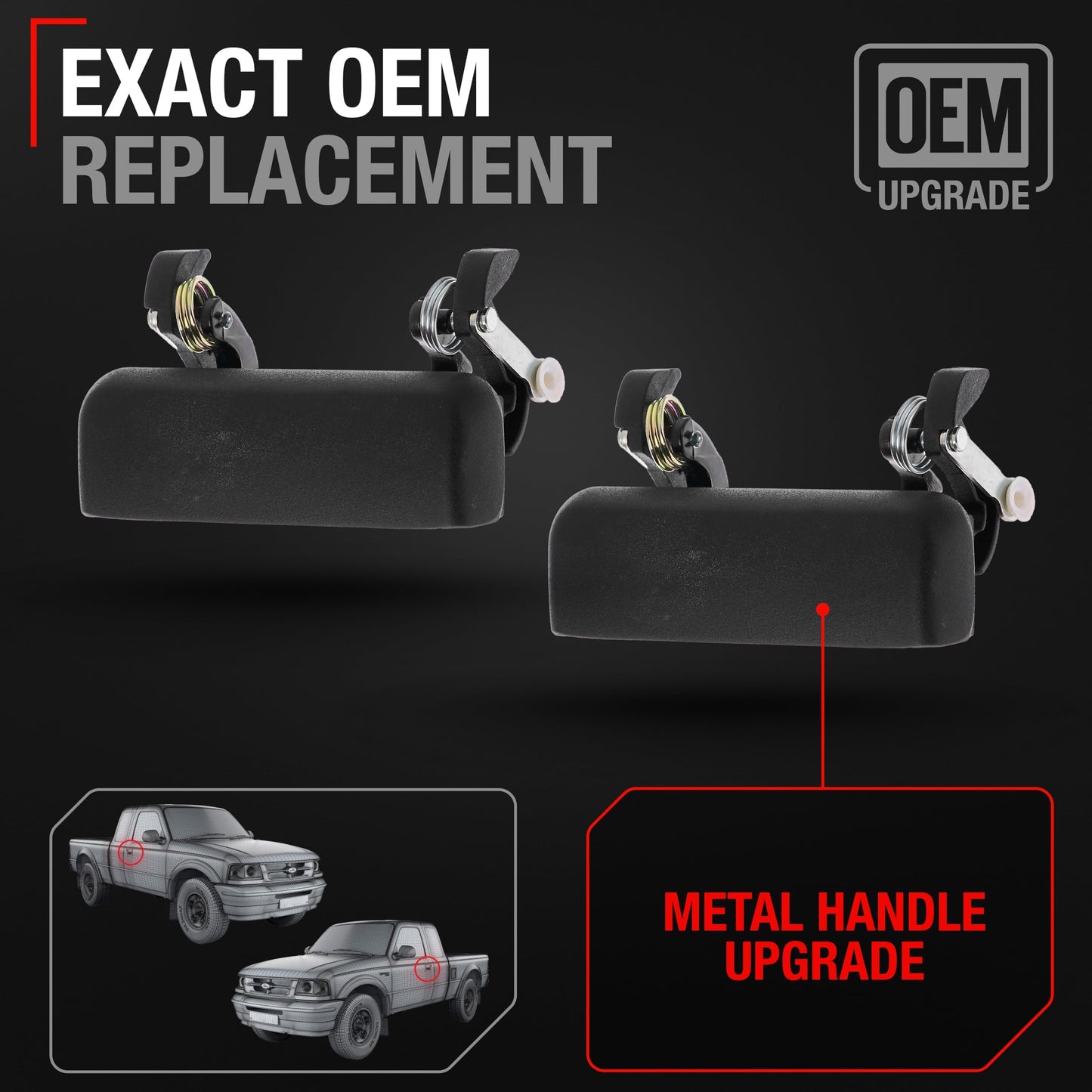 1993-2000 Ford Ranger Exterior Front Driver & Passenger Door Handle, Upgraded Metal - Textured Black - Front Left + Right - Metal