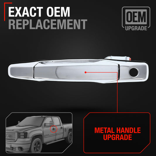 T1A Exterior Front Driver Door Handle, Upgraded Metal - Compatible with 2007-2014 Chevrolet Silverado; 07-14 GMC Sierra 1500 2500 3500; Cadillac Escalade - All Chrome w/Keyhole - OEM 22738721, 80546 - Front Driver Side Handle