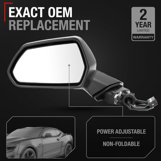 2016-2021 Chevrolet Camaro Driver Side Mirror Replacement Powered Adjustment Non-Foldable Flat Glass Smooth Black - Driver Side Mirror