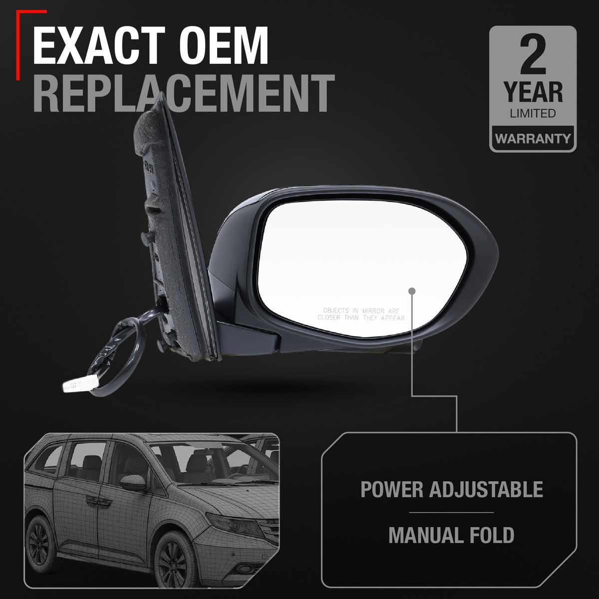 Side Mirror Replacement - Compatible with 2014-2017 Honda Odyssey EX, EX-L - Powered Adjustment, Heated - Smooth Black - Passenger Side w/ Camera - Passenger Side (Right)