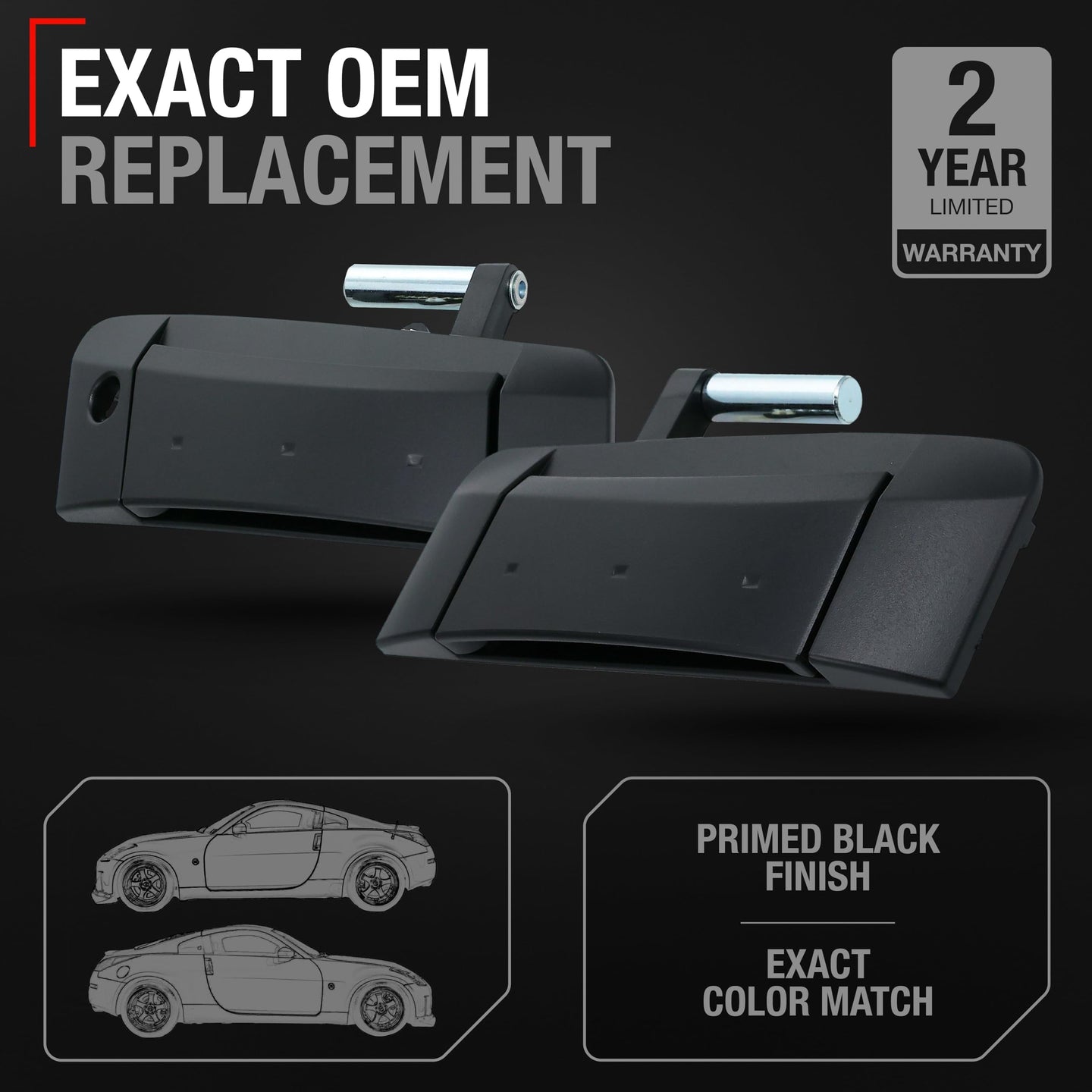 2003-2009 Nissan 350Z Exterior Front Driver and Passenger Door Handle Replacement - Primed Black - Driver + Passenger Side Handle - Black