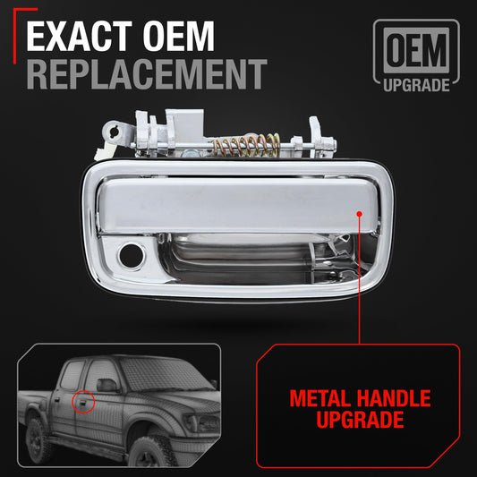 Exterior Front Passenger Door Handle Replacement, Upgraded Metal & Plastic Housing - Compatible with 1995-2004 Toyota Tacoma - All Chrome w/Keyhole - OEM 69210-35030 - Front Passenger Side Handle