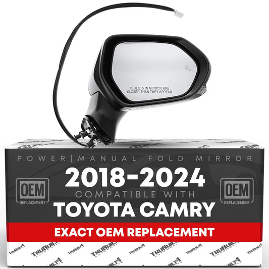 Toyota Camry Driver Mirror - Heated with Turn Signal, Blind Spot Detection, Manual Fold, Flat Glass, Black Finish - Driver Side Mirror