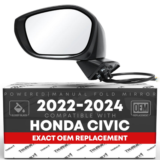 Honda Civic Driver Mirror - Manual Fold, Flat Glass, Power Adjust, Smooth Black Housing, Direct Replacement - Driver Side Mirror