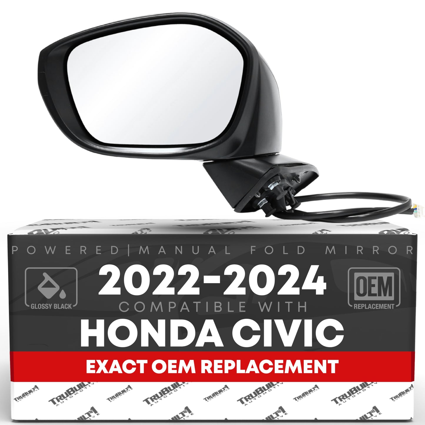 2022-2024 Honda Civic Driver Side Mirror Replacement Powered Manual Fold Flat Glass Smooth Black - Driver Side Mirror