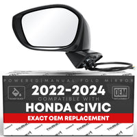 2022-2024 Honda Civic Driver Side Mirror Replacement Powered Manual Fold Flat Glass Smooth Black - Driver Side Mirror