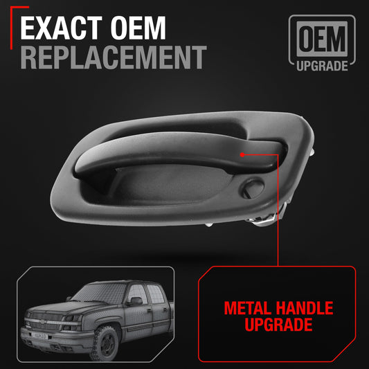 Exterior Front Driver Door Handle, Upgraded Metal - Compatible with 1999-2006 Chevrolet Silverado, Tahoe, Suburban, Avalanche; 99-06 GMC Sierra, Yukon - Textured Black - OEM 15034985, 77261, GM131012 - Front Driver Side Handle