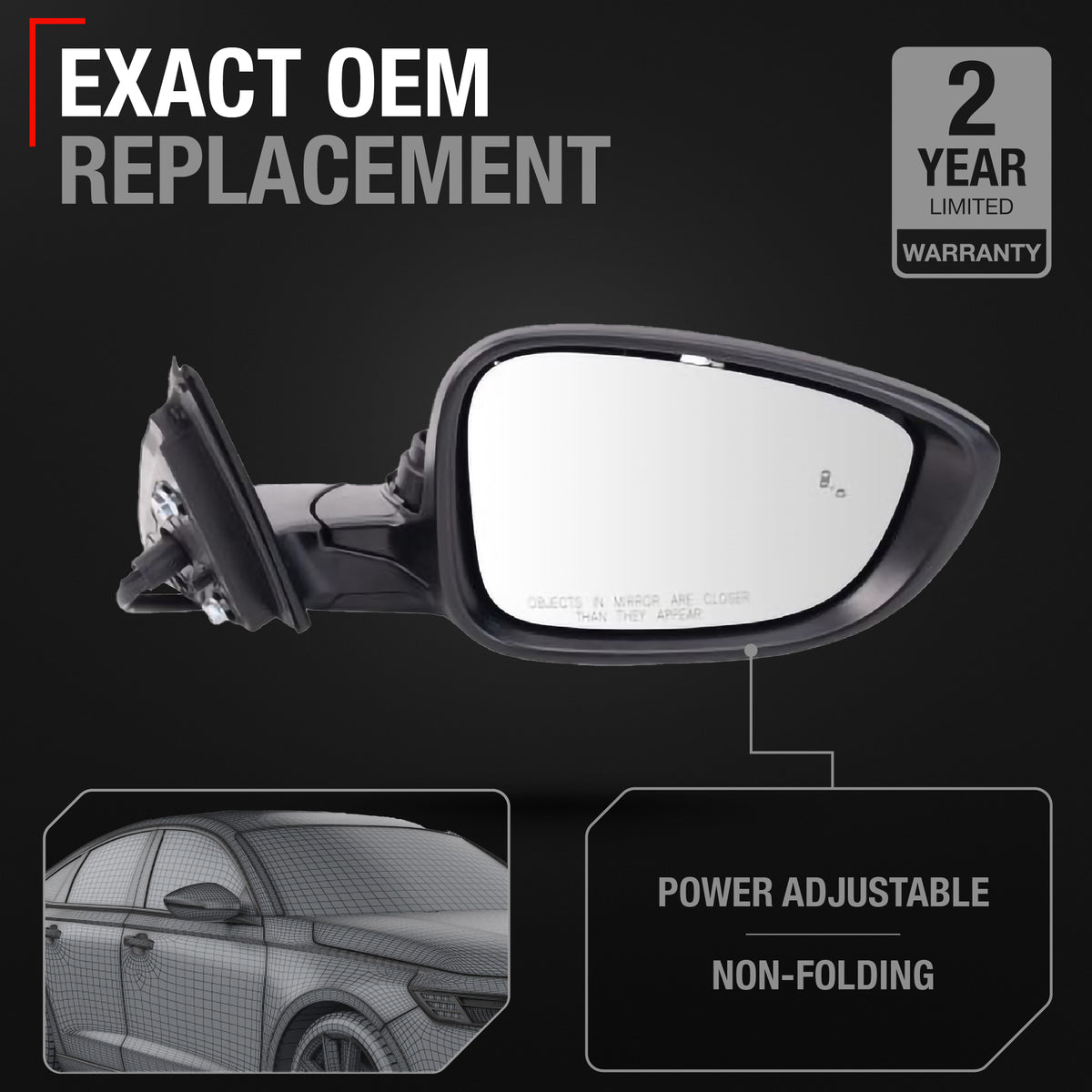 Passenger Side Power Side View Mirror with Integrated Turn Signal - Compatible with 2023-2025 Honda Accord - Power Adjust, Turn Signal, Manual Folding - Paintable Textured Black - OEM 76208-30B-A01 - Passenger Side Mirror