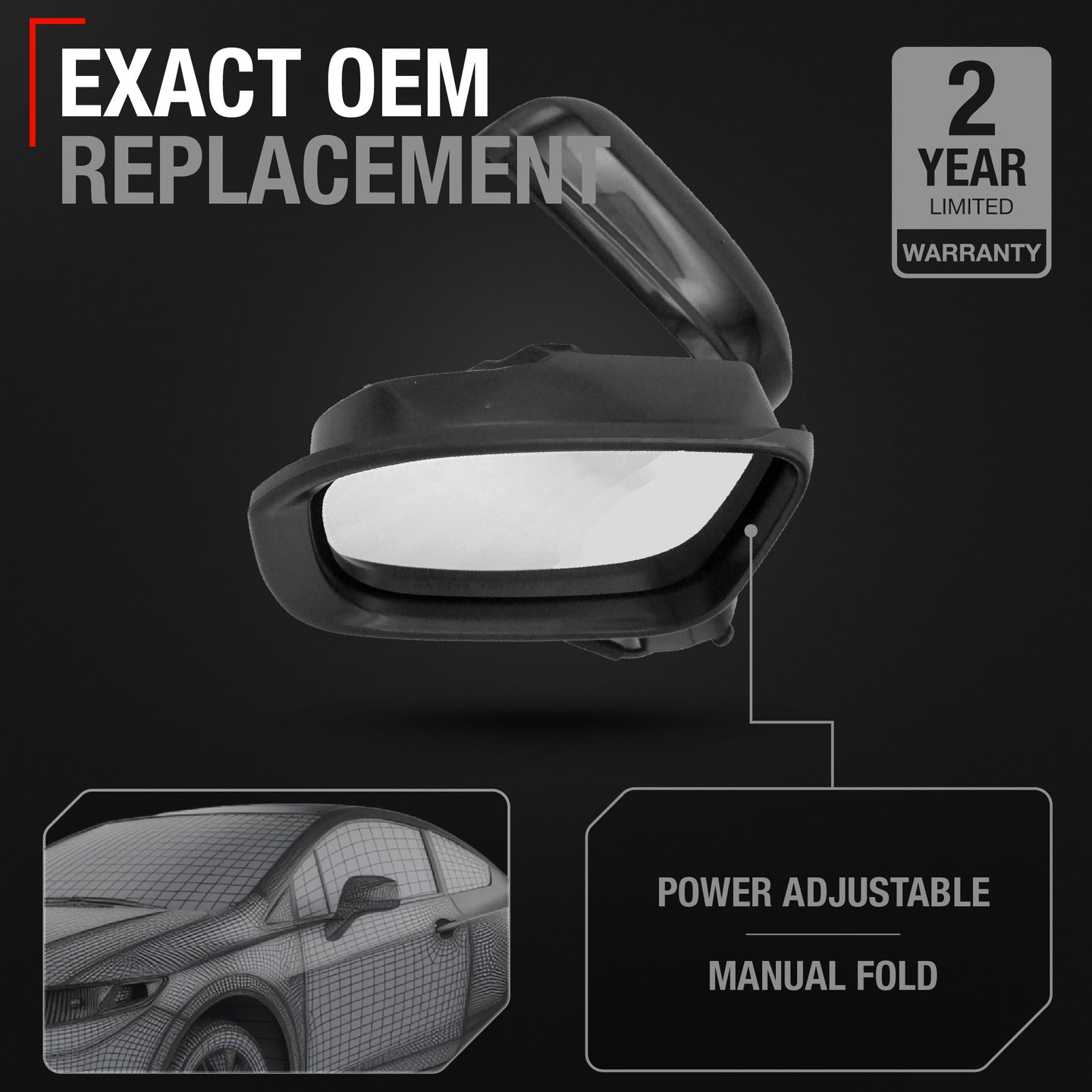 Driver Side Power Adjustable Side View Mirror - Compatible with 2014-2015 Honda Civic - Power Adjust, Non-Heated, Manual Folding - Paintable Textured Black Housing - OEM 76258TR4C01-PFM - Driver Side Mirror