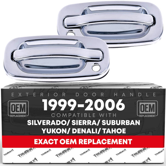 Exterior Front Driver and Passenger Door Handle - Compatible with 1999-2006 Chevrolet Silverado Suburban Tahoe; GMC Sierra Yukon Denali - All Chrome w/Keyhole - OEM 15034985, 15034986, 91130, 91129 - Front Driver + Passenger Side