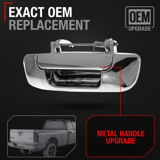 2002-2008 Dodge Ram 1500, 2003-2009 Dodge Ram 2500, 3500 Tailgate Handle Assembly, Upgraded Metal - Exterior Tailgate Latch, All Chrome - Chrome Tailgate Handle