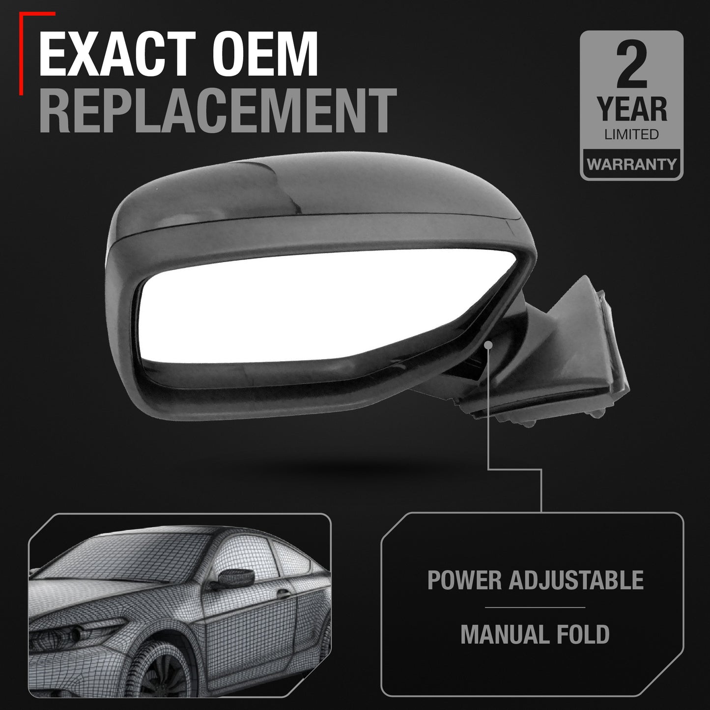 Driver Side Power Adjustable Side View Mirror - Compatible with 2008-2012 Honda Accord - Power Adjust, Non-Heated, Manual Folding - Paintable Textured Black Housing - OEM 76258TA5A01 - Driver Side Mirror