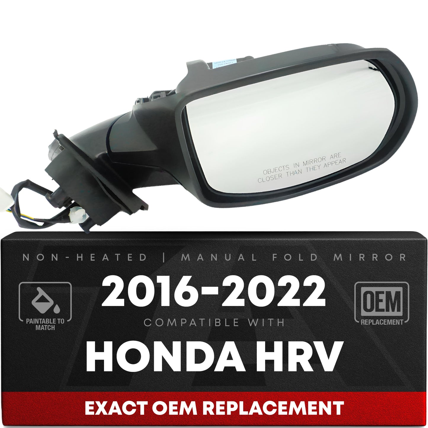 Passenger Side Power Adjustable Side View Mirror - Compatible with 2016-2022 Honda HR-V - Power Adjust, Non-Heated, Manual Folding - Paintable Housing - OEM 76208T7W305
