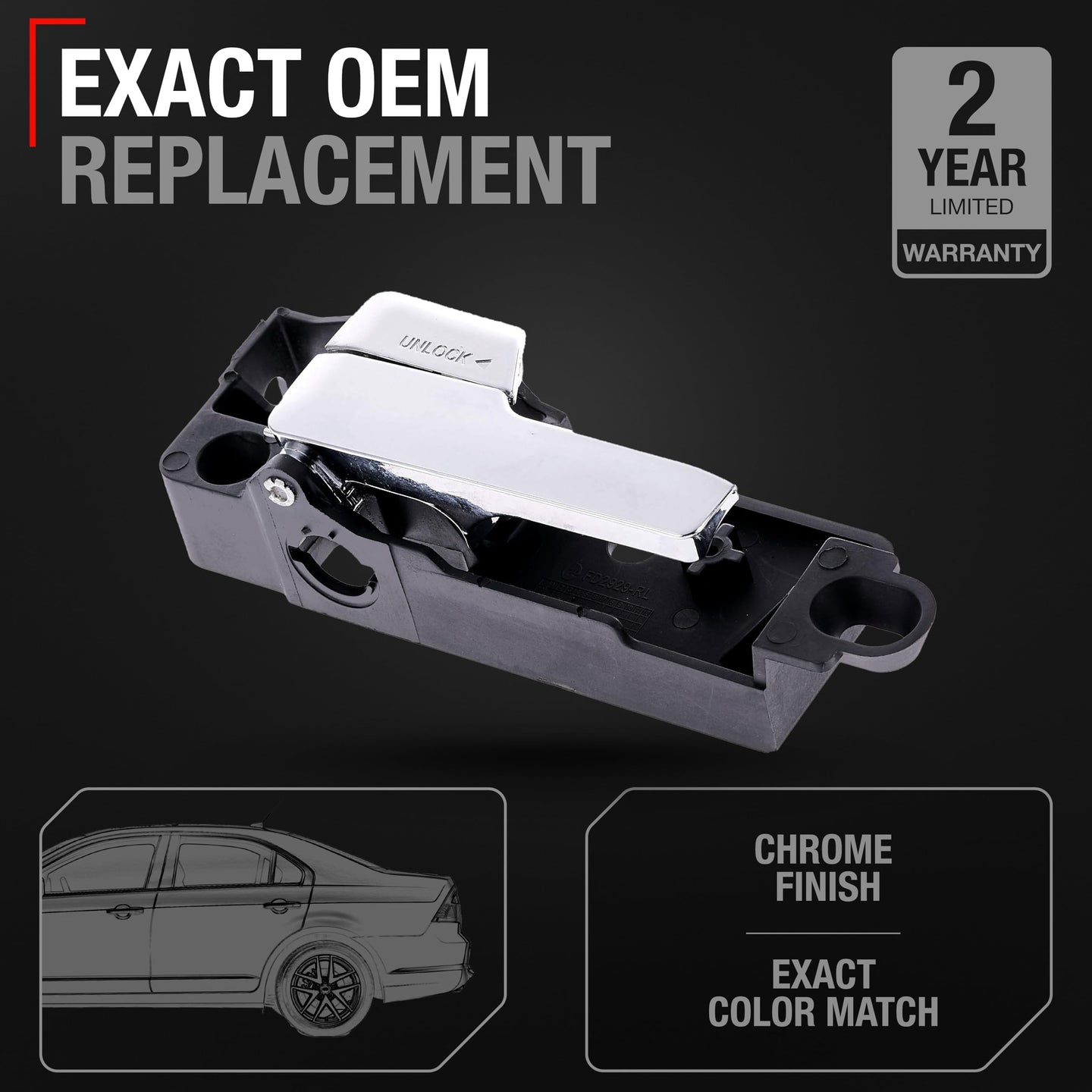 2006-2012 Ford Fusion Mercury Milan Lincoln MKZ Interior Rear Driver Door Handle Replacement - All Chrome Plastic - Rear Driver Handle