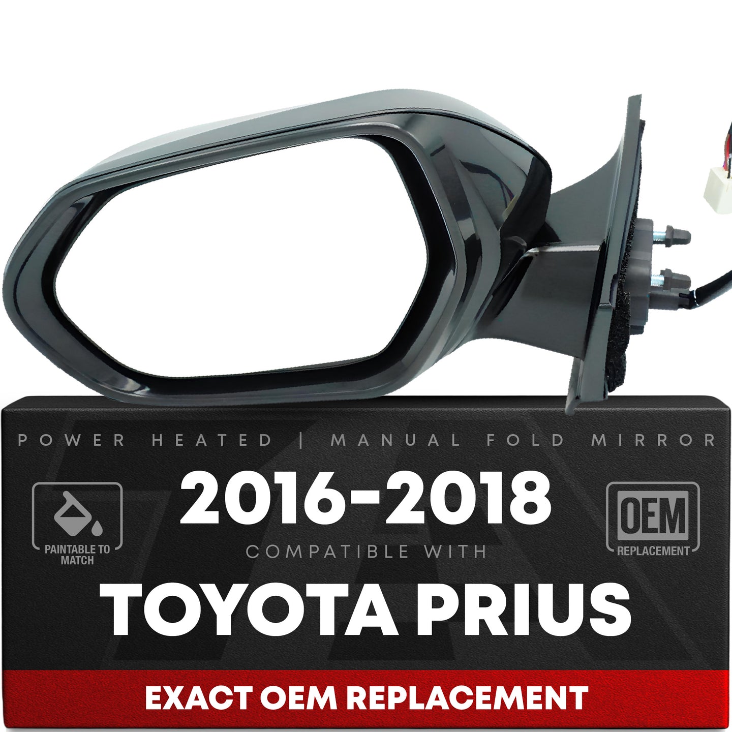 Driver Side Heated Power Side View Mirror - Compatible with 2016-2021 Toyota Prius - Power Heated, Manual Folding - Paintable Textured Black Housing - OEM 8794047530-PFM - Driver Side Mirror