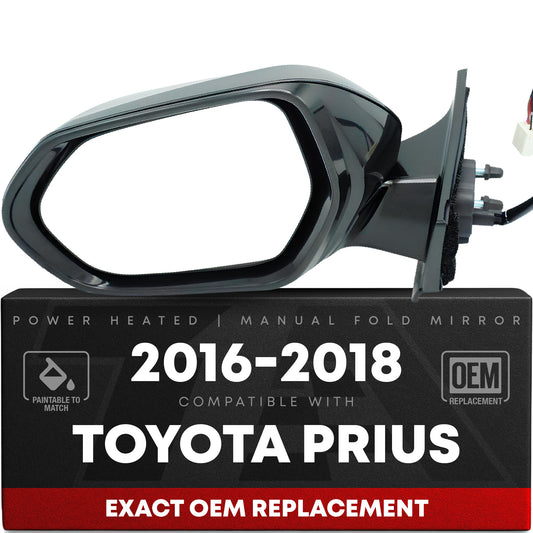 Driver Side Heated Power Side View Mirror - Compatible with 2016-2021 Toyota Prius - Power Heated, Manual Folding - Paintable Textured Black Housing - OEM 8794047530-PFM - Driver Side Mirror