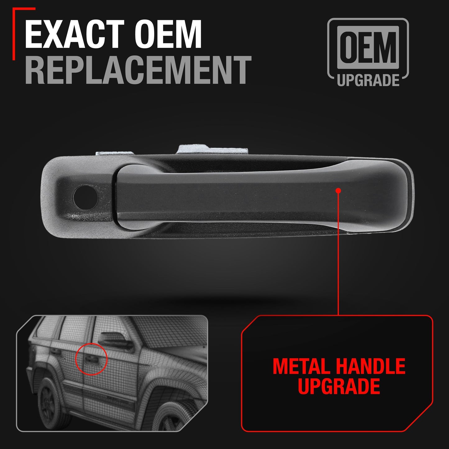 2005-2010 Jeep Commander Cherokee Exterior Front Passenger Door Handle, Upgraded Metal - Textured Black with Keyhole - Front Passenger Handle