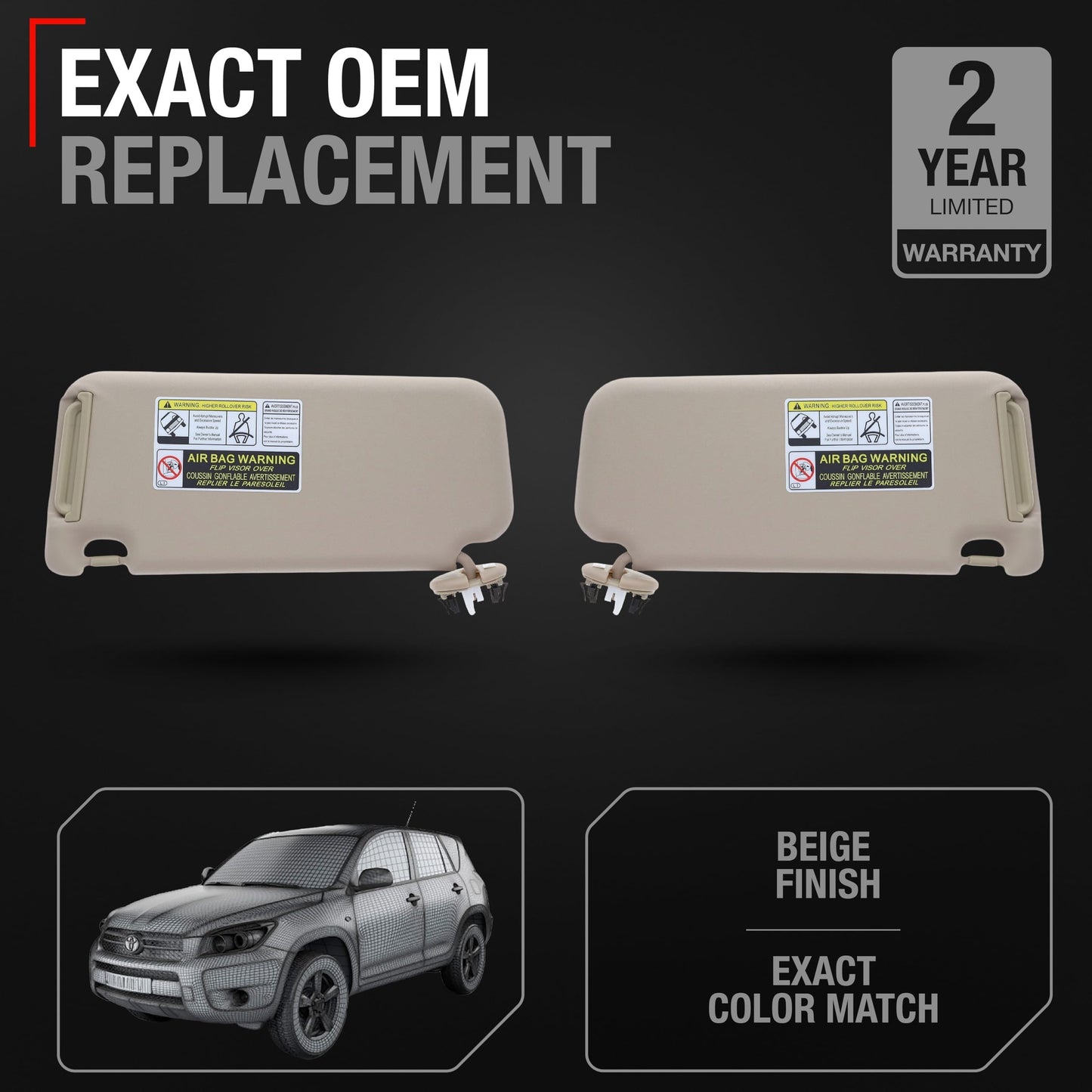 2010-2012 Toyota RAV4 Sun Visor Replacement Set Left and Right - Beige with Mirror - Beige,Driver & Passenger