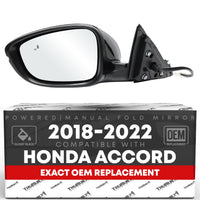 2018-2022 Honda Accord Driver Side Mirror Replacement Powered Manual Fold Heated Turn Signal Flat Glass Smooth Black - Driver Side Mirror