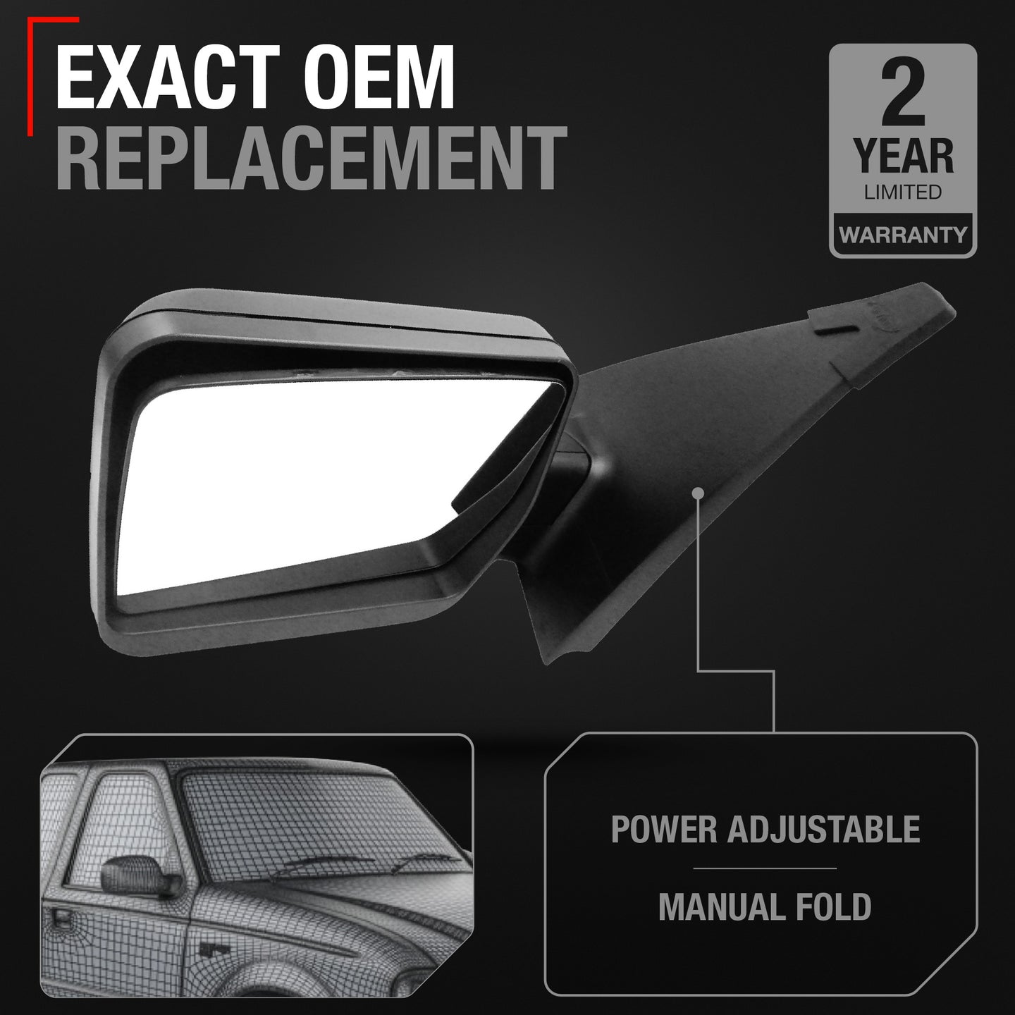 Passenger Side Power Adjustable Side View Mirror - Compatible with 2004-2008 Ford F-150 - Power Adjust, Non-Heated, Manual Folding - Textured Black Housing - OEM 8L3Z17682EA - Passenger Side Mirror