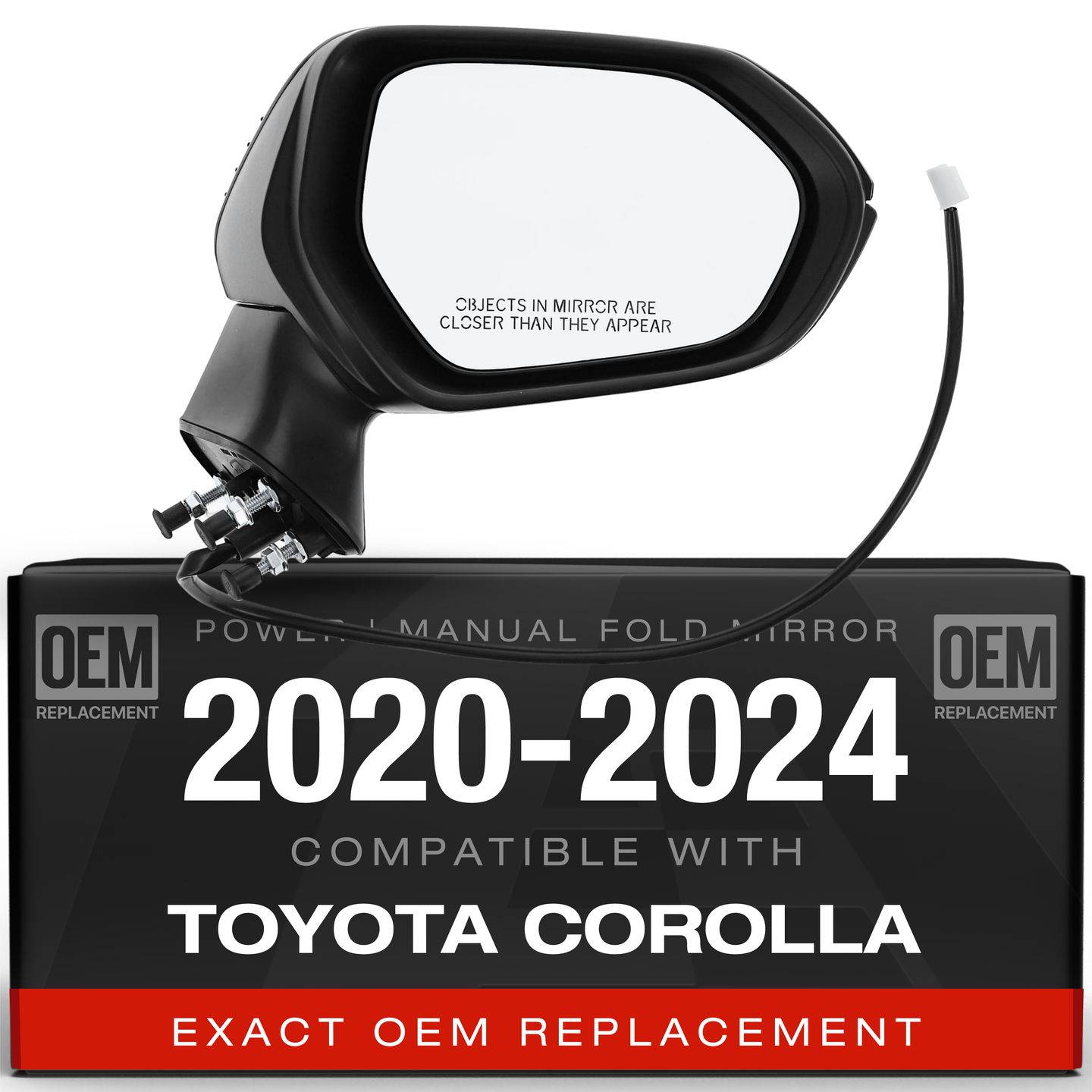 2020-2024 Toyota Corolla Sedan Passenger Side Mirror Replacement - Powered Adjustment Manual Folding Convex Glass Black - Passenger Side Mirror
