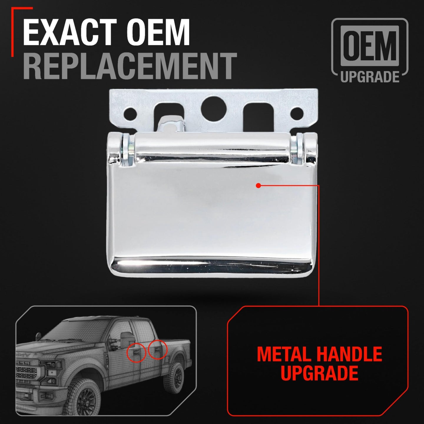 1992-2015 Ford F-250; 1992-2015 F-350; 1992-2015 Ford F-450; 1988-2024 E-150 Interior Front/Rear Driver Door Handle, Upgraded Metal - All Chrome - Front or Rear Driver Side Handle