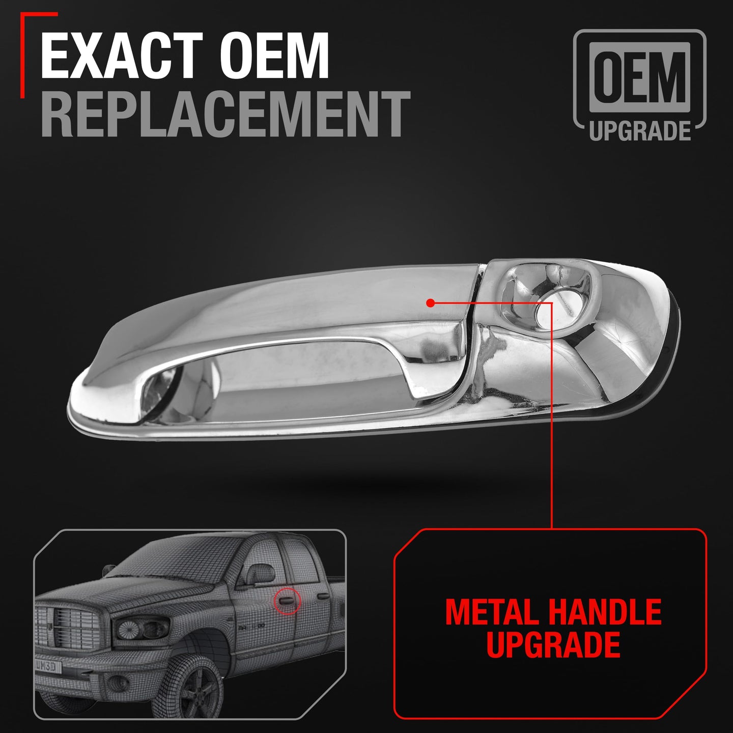 2002-2009 Dodge Ram 1500 2500 3500 4500 5500; 2005-2010 Dodge Dakota; 2004-2009 Dodge Durango Exterior Front Driver Door Handle, Upgraded Metal - All Chrome w/ Keyhole - Front Driver Side Handle