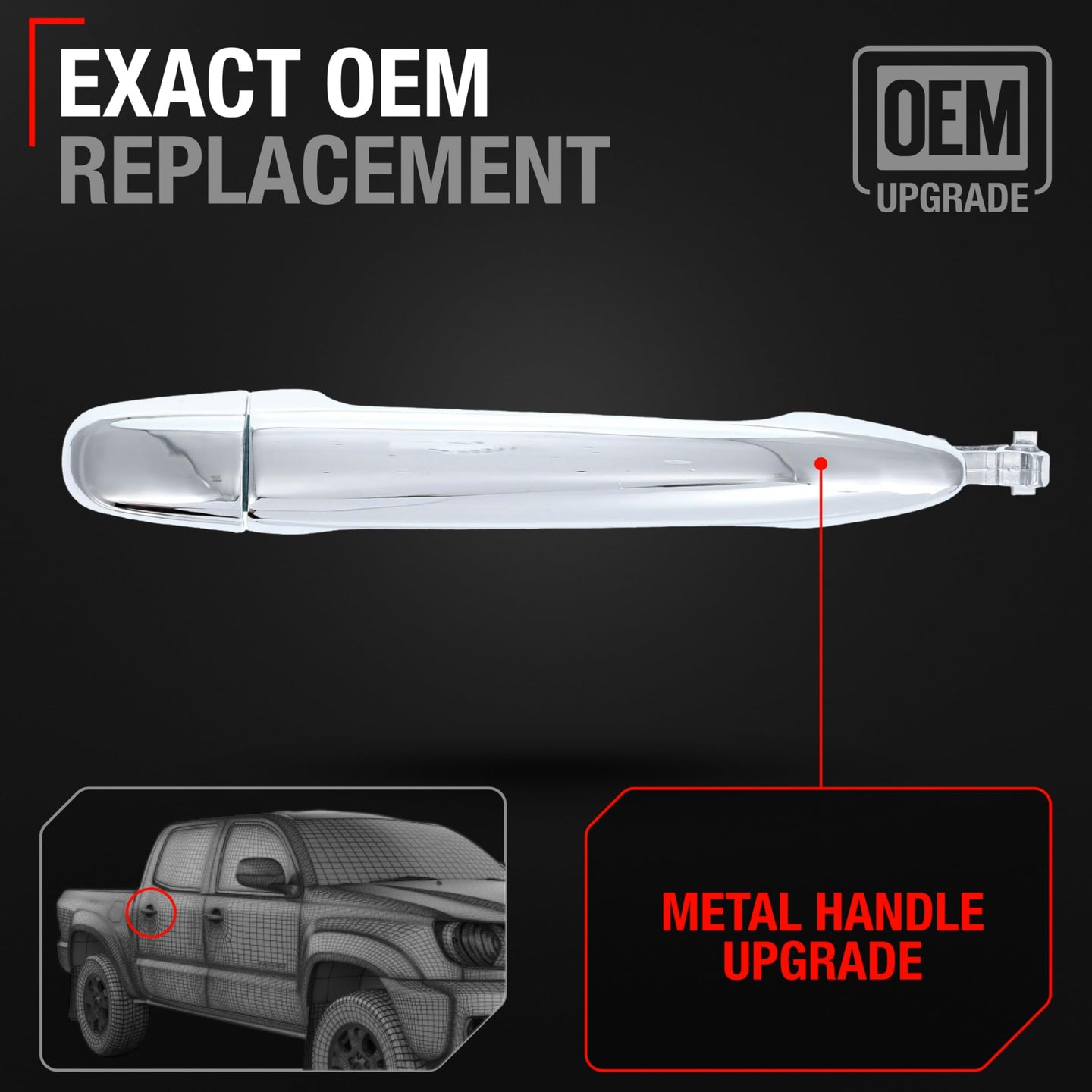 Exterior Rear Driver/Passenger Door Handle, Upgraded Metal - Compatible with 05-15 Toyota Tacoma, 05-09 4Runner, 07-11 Camry; 03-09 Lexus GX470 - All Chrome - OEM 69210-58010, 6921135080, 6922730070 - Rear Driver or Passenger Side Handle