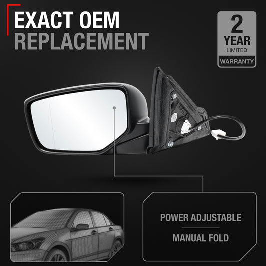 Honda Accord 4D Driver Mirror - Manual Fold, Aspherical Glass, Power Adjust, Smooth Black Replacement - Driver Side Mirror