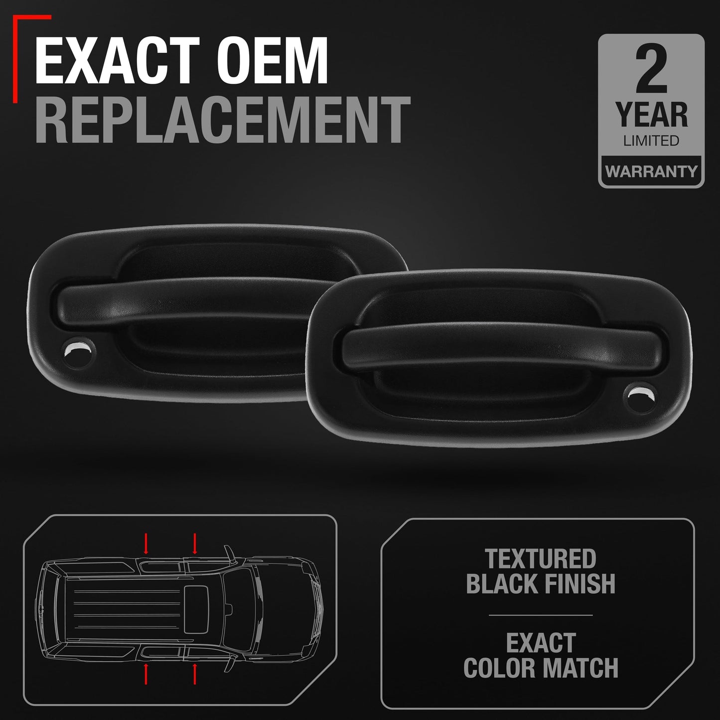 Chevrolet Silverado GMC Sierra Suburban Tahoe Avalanche Exterior Front Door Handle Set - Driver & Passenger - Textured Black - Front Left and Right Pair