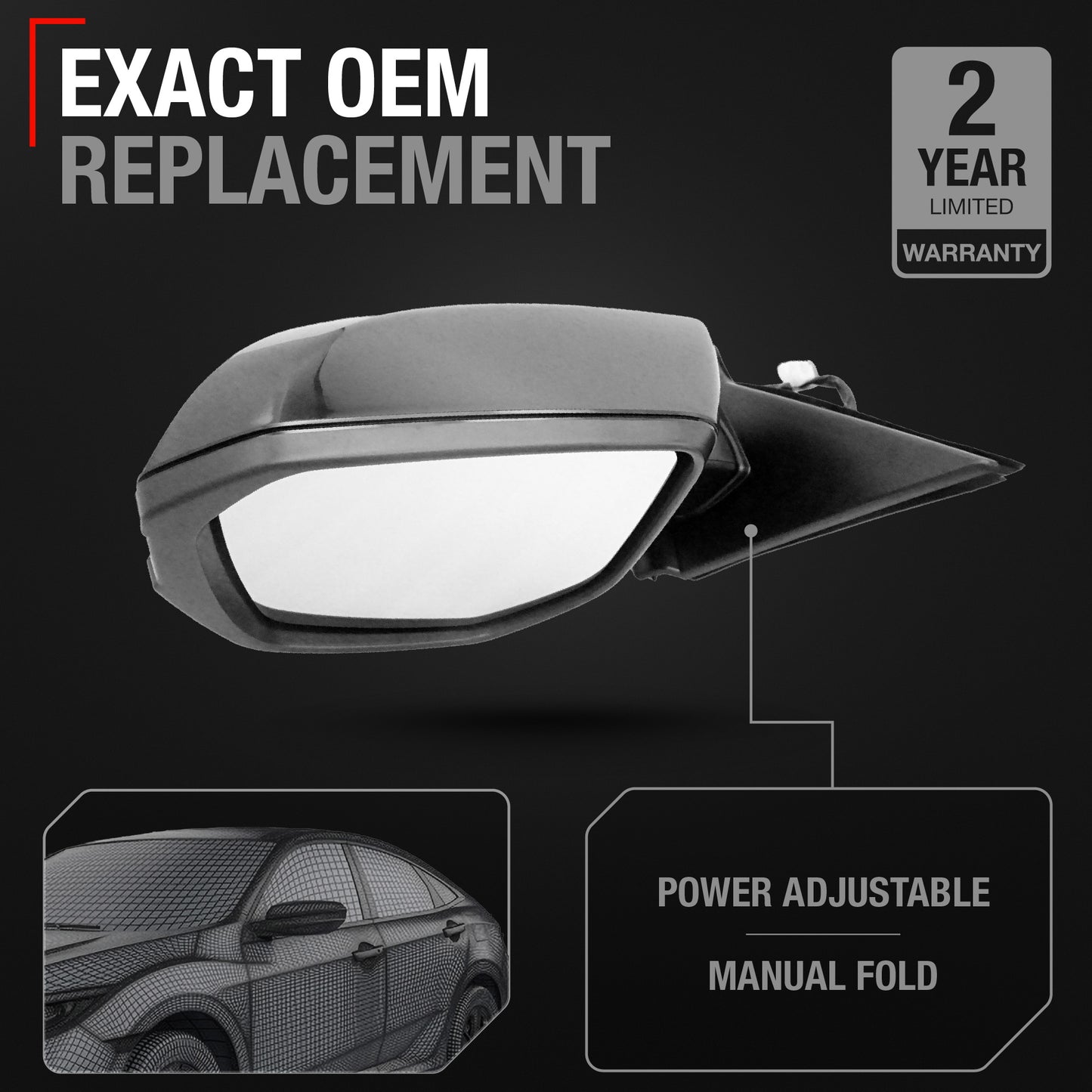 Driver Side Heated Power Side View Mirror - Compatible with 2017-2021 Honda Civic - Power Heated, Manual Folding - Paintable Textured Black Housing - OEM Partslink HO1320297